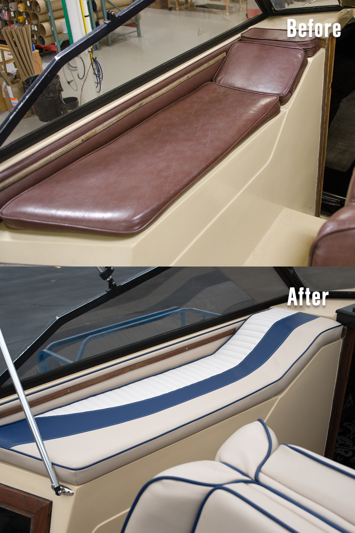 Powerboat lounge cushion before and after.